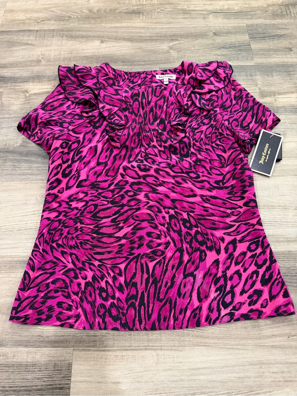 Juicy Couture 100% Silk Leopard Print Ruffle Blouse Pink Black Size 0 NWT